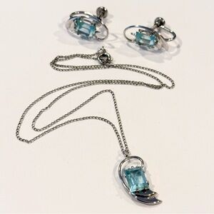 Vintage DCE 925 Sterling Silver Screwback Earrings & Necklace Set Blue Rhinstone